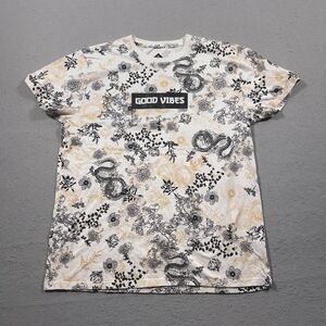 Good Vibes Graphic Shirt Men XL White Black Floral Dragon All‎ Over Print Casual